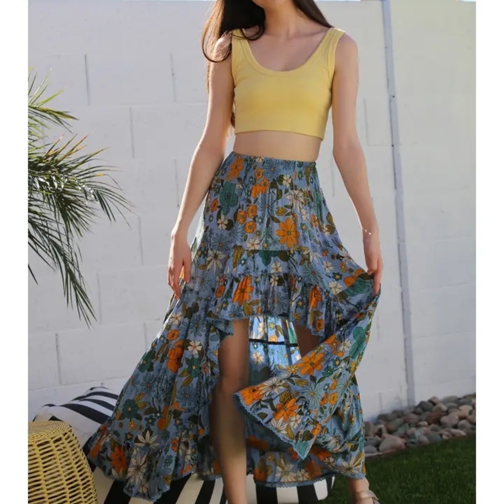 Floral Blue Hi Lo Maxi Skirt